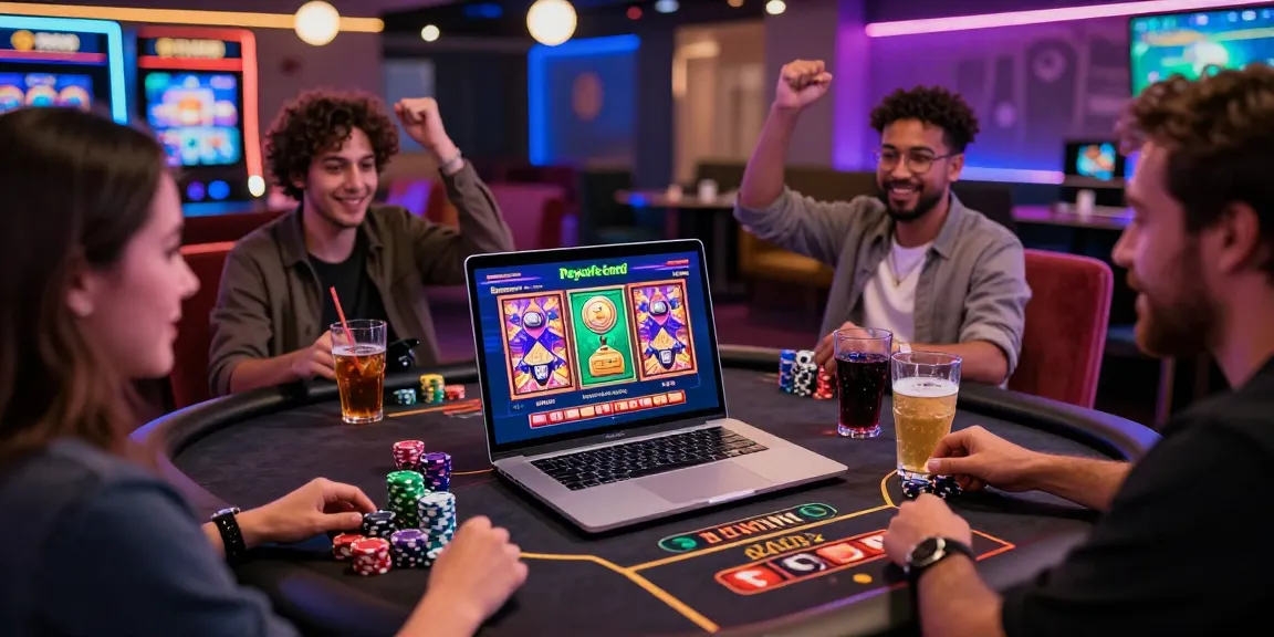 Dynamische Paysafe Card Casino-Szene mit Spielern, die Gewinne feiern, und bunten Spielen auf einem Laptop angezeigt.