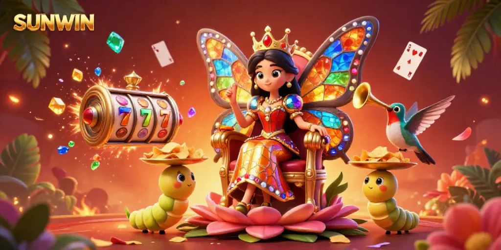 Engage in thrilling fun at SUNWIN with vibrant casino elements and a butterfly queen in an immersive scene.
