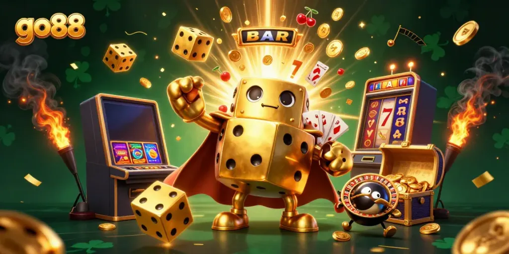 Engage in the electrifying world of go88 as a golden dice golem juggles winnings in a vibrant casino scene.
