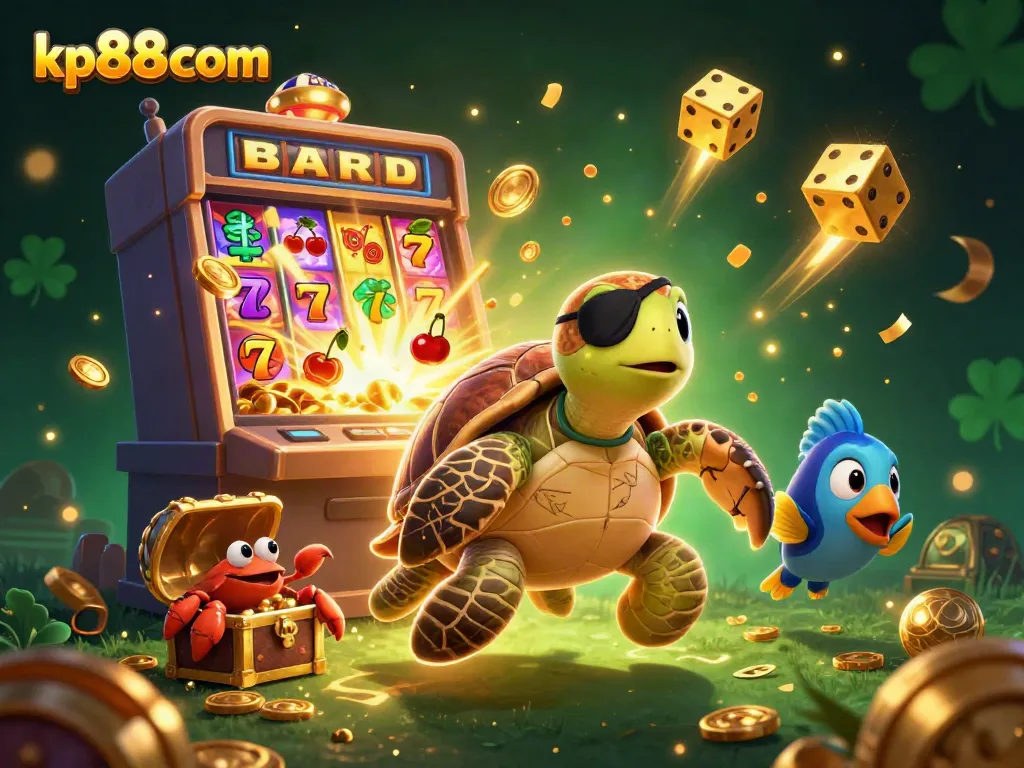 Experience thrilling gaming adventures with kp88 com, featuring a pirate turtle and vibrant casino elements.