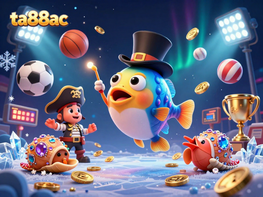 Exciting gameplay at ta88ac with anglerfish in a top hat attracting golden coins amidst dynamic sports elements.