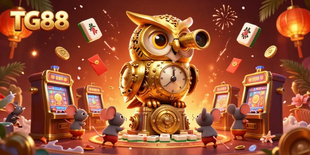 Experience the excitement of TG88 with dynamic casino elements and a whimsical golden owl guiding gamblers.