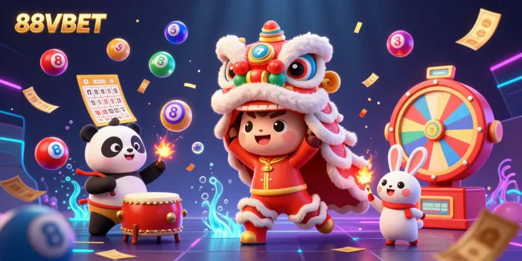 Experience the excitement of 88VBET with a lively lion dance celebration featuring casino-themed elements in a vibrant scene.