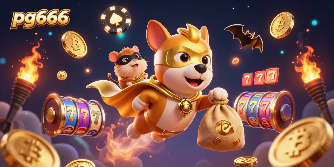 Engage in thrilling gameplay at pg666 with a superhero dog and hamster amidst vibrant 3D casino elements.