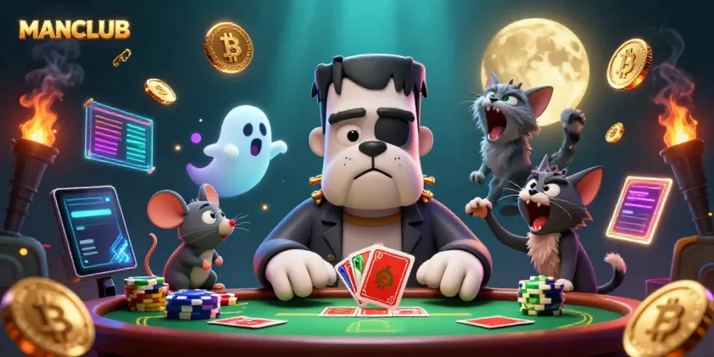 Engage in the thrilling world of MANCLUB with a spooktacular card game scene featuring a Frankenstein bulldog, ghost mouse, and werewolf kitten.
