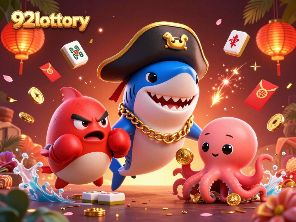 Win exciting prizes with 92lottery's vibrant cartoon illustration featuring dynamic gambling elements.