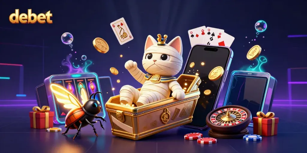 Experience the vibrant casino world with debet's Egyptian mummy cat and glimmering game elements.