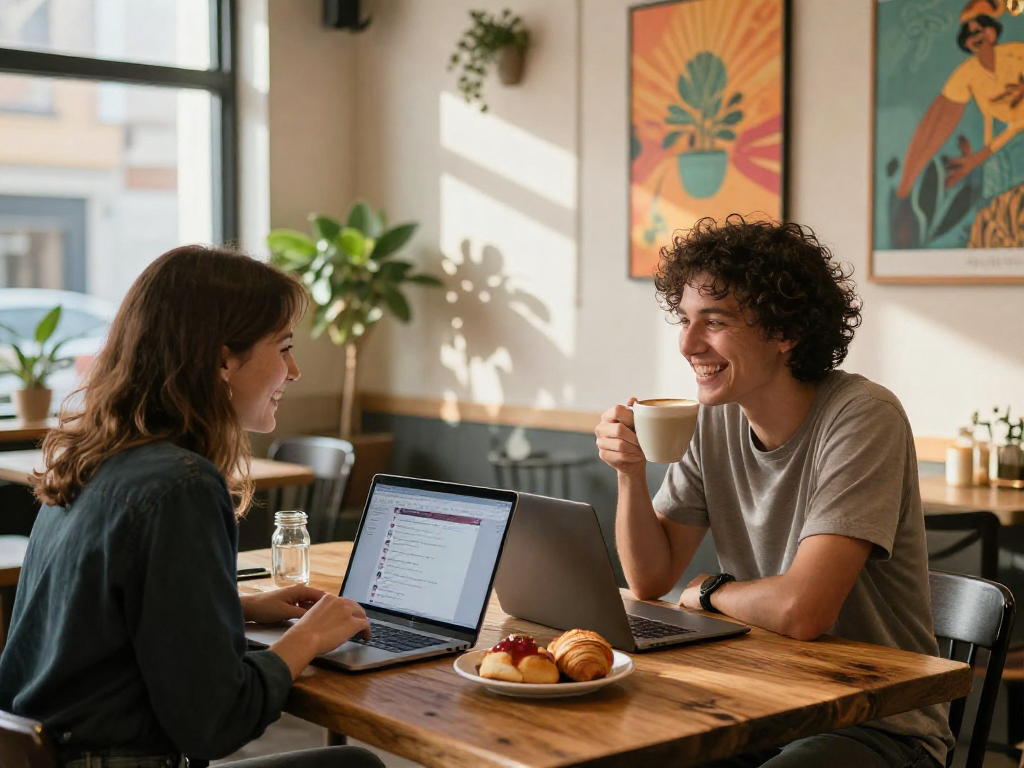 Couple enjoying f168 dating experience over coffee in a cozy café