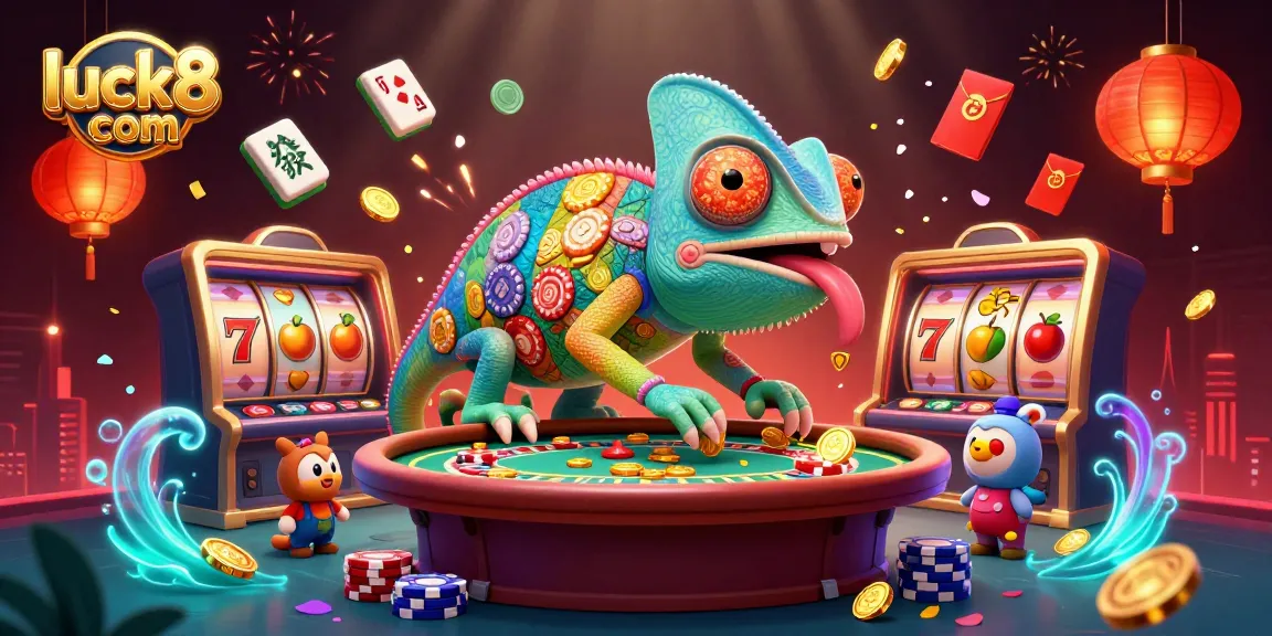 Experience luck8 com with a vibrant chameleon casino owner amidst lively slot action and rich symbols.