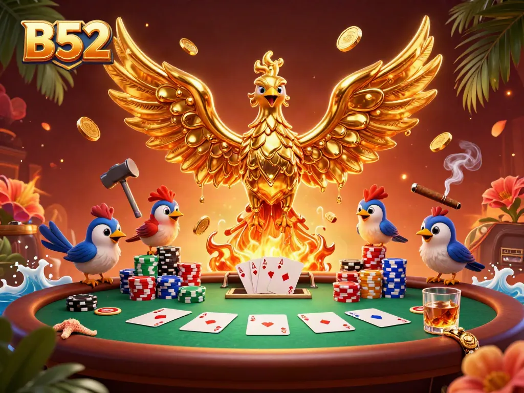 Experience B52 excitement with a molten phoenix spewing coins amidst an animated poker scene.