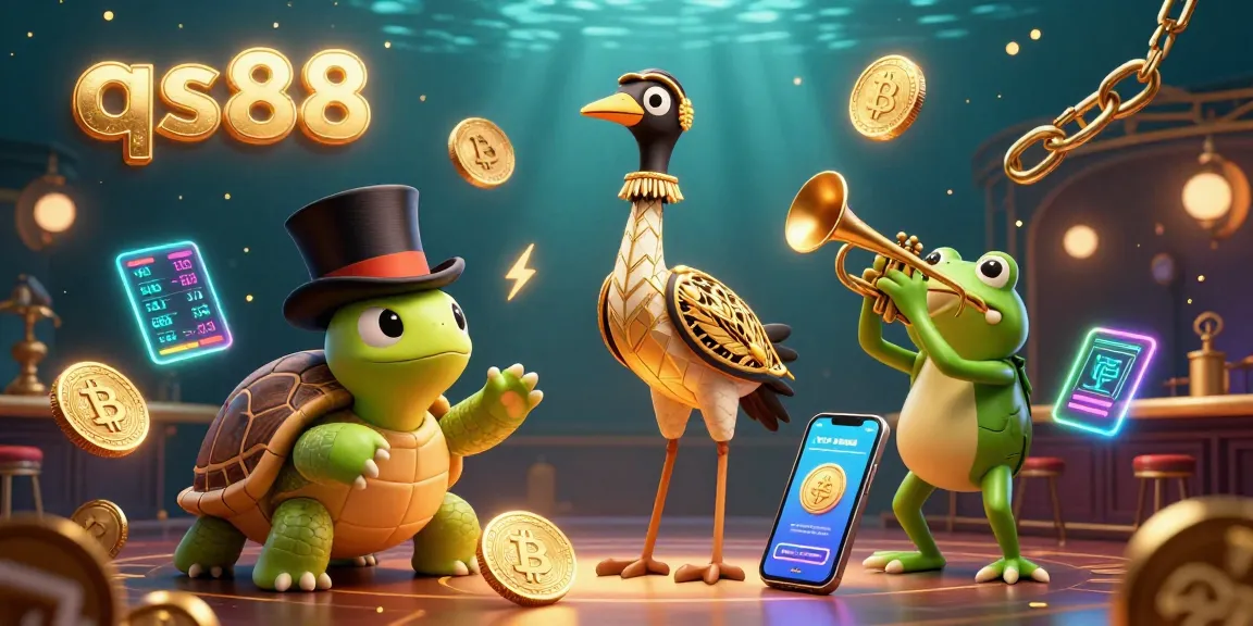 Engage with qs88 at a vibrant speakeasy scene featuring crypto elements and whimsical characters.