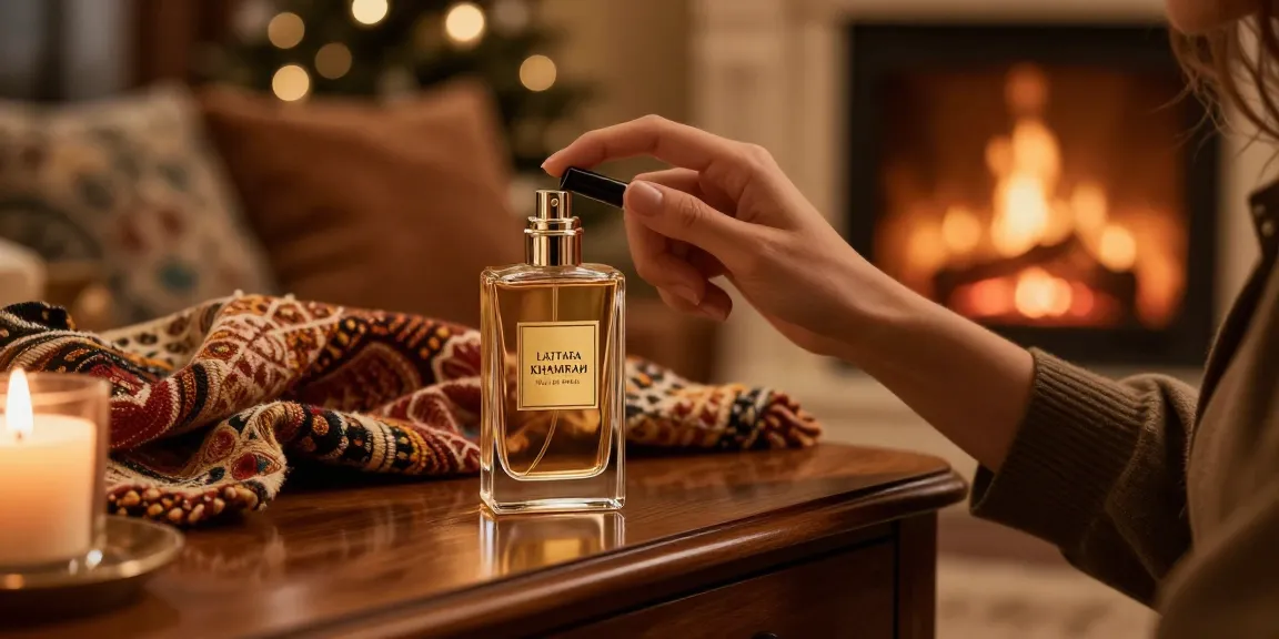 Lattafa Khamrah eau de parfum scène met elegant interieur en sfeervolle kaarslicht.