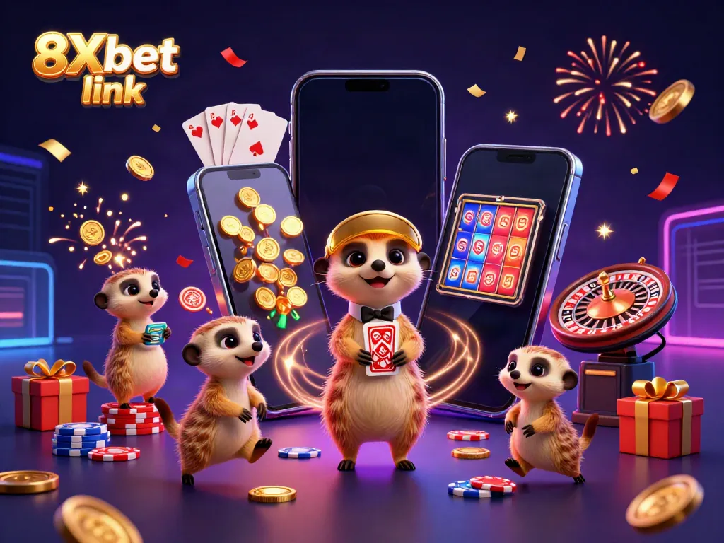 Engaging scene created for 8Xbet link showcasing meerkats operating a casino with vibrant slot game elements.