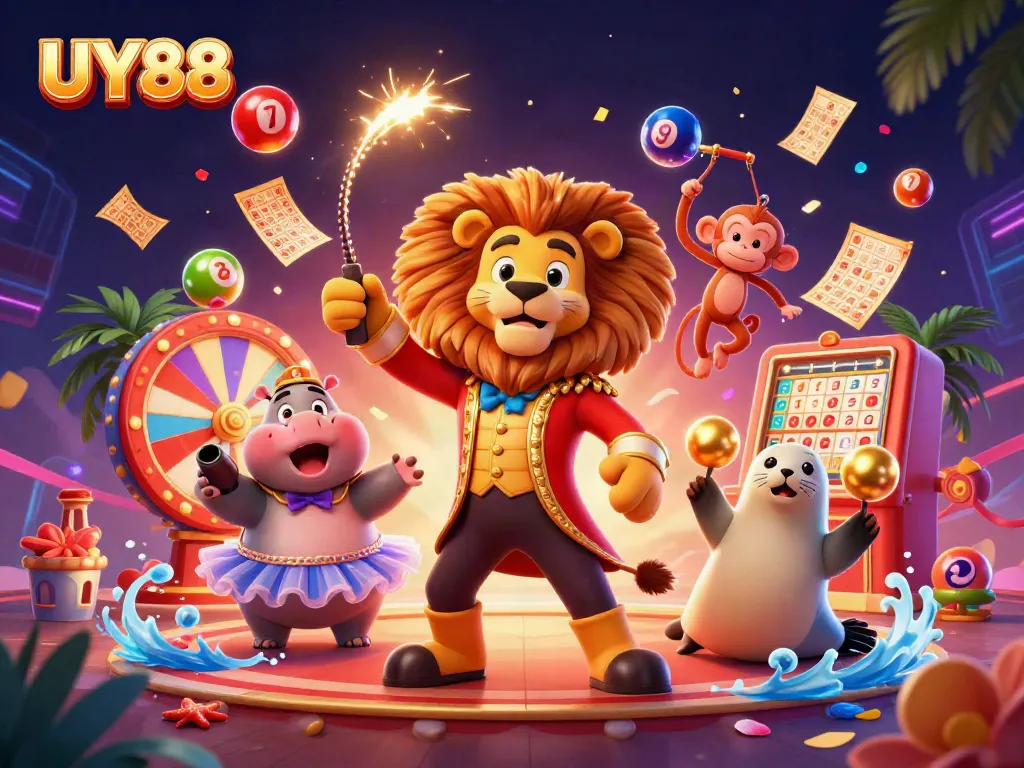 Engage with excitement at UY88, featuring vibrant carnival characters and dynamic gambling elements.
