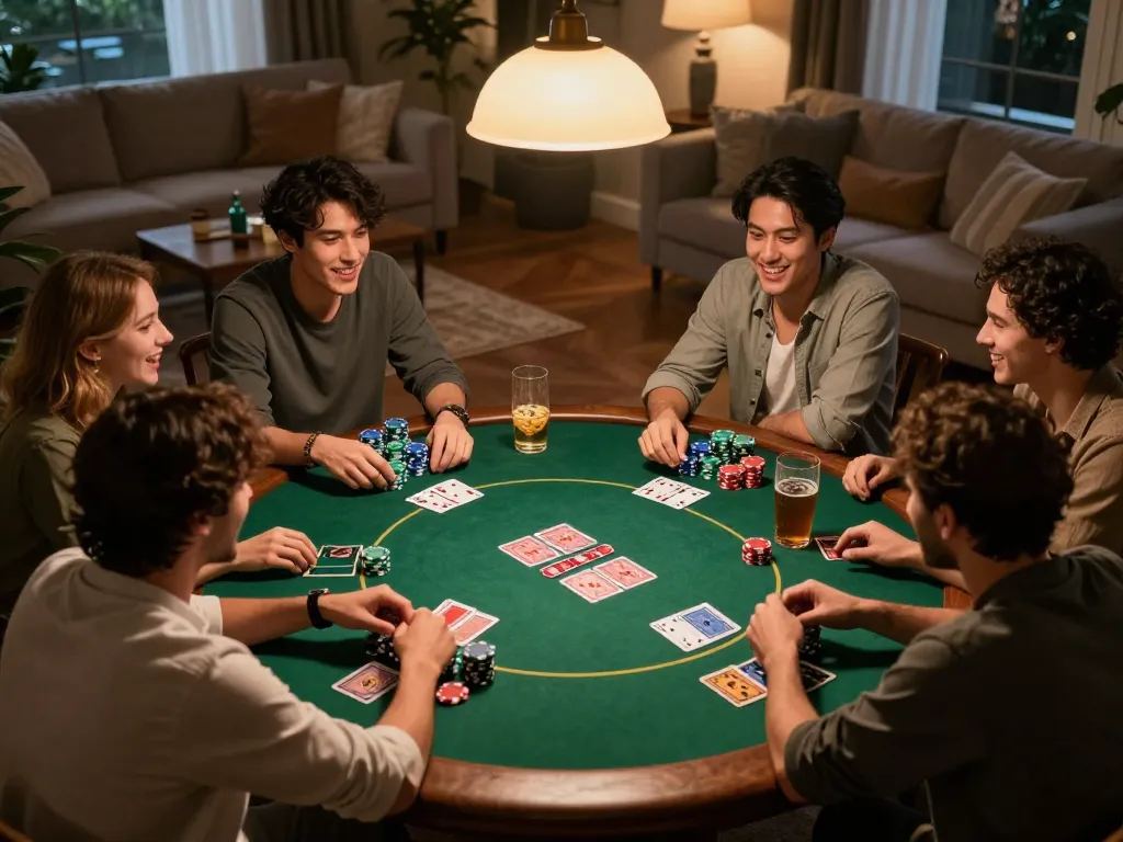 para pemain rokok88 menikmati malam poker di rumah yang mendebarkan bersama teman-teman, gameplay yang intens dan kebersamaan.