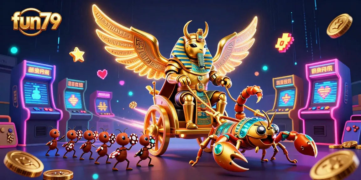 Engage in fun79's captivating gaming world with a glowing scarab and dynamic casino elements.