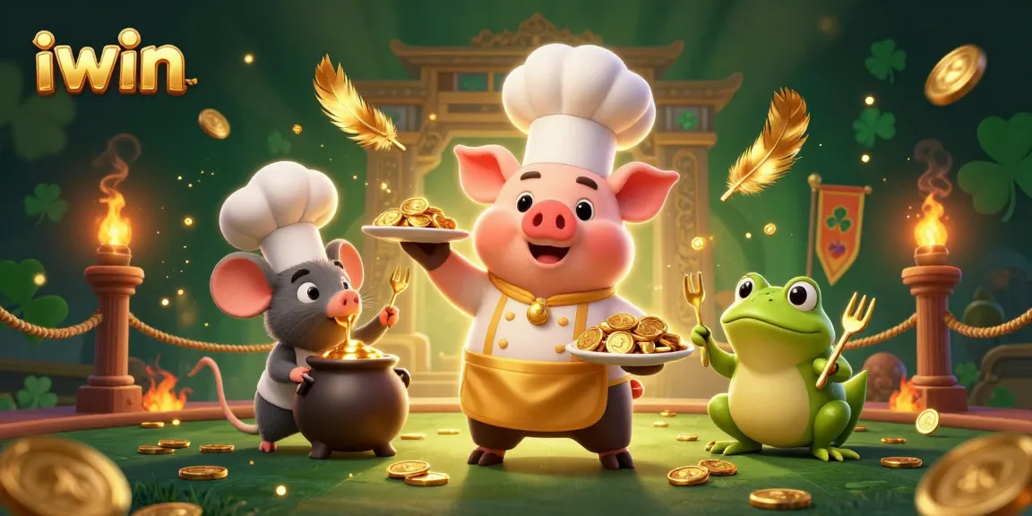 iwin's vibrant scene showcases a chef pig serving gold coins in a thrilling casino ambiance.