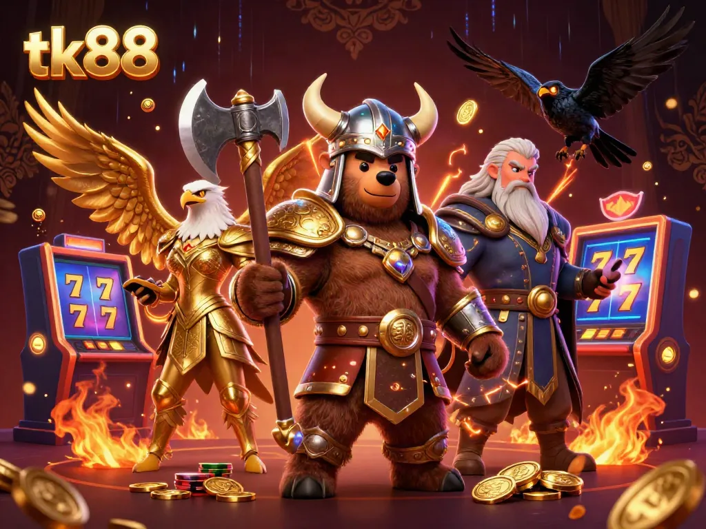 Engage with tk88 casino gaming featuring a Viking bear and Valkyrie eagle in vibrant digital illustration.