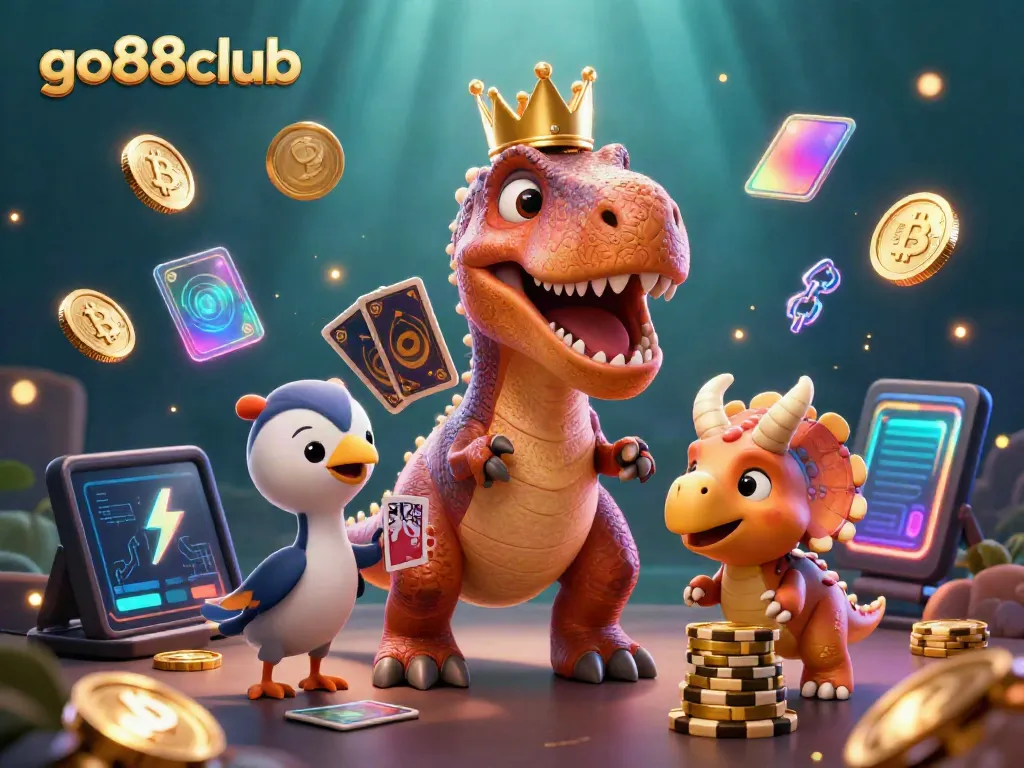 Experience the excitement with go88club as friendly dinosaurs play cards and stack casino chips in a vibrant, dynamic scene.