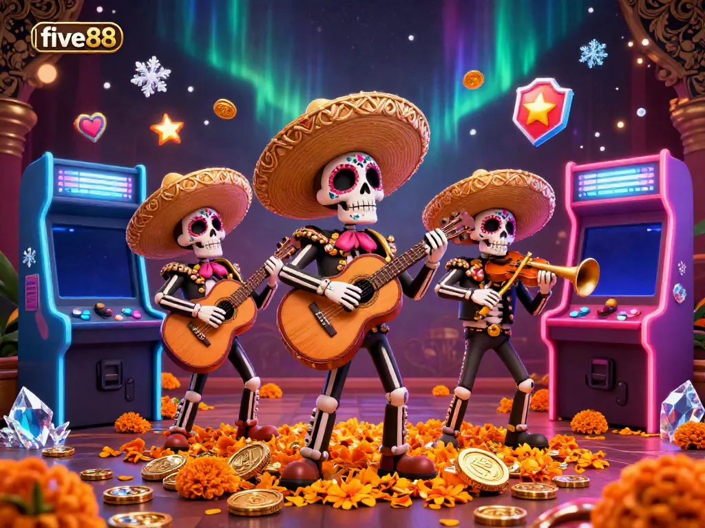 Engage in gaming excitement at five88 with a Day of the Dead-themed casino scene featuring vibrant characters.