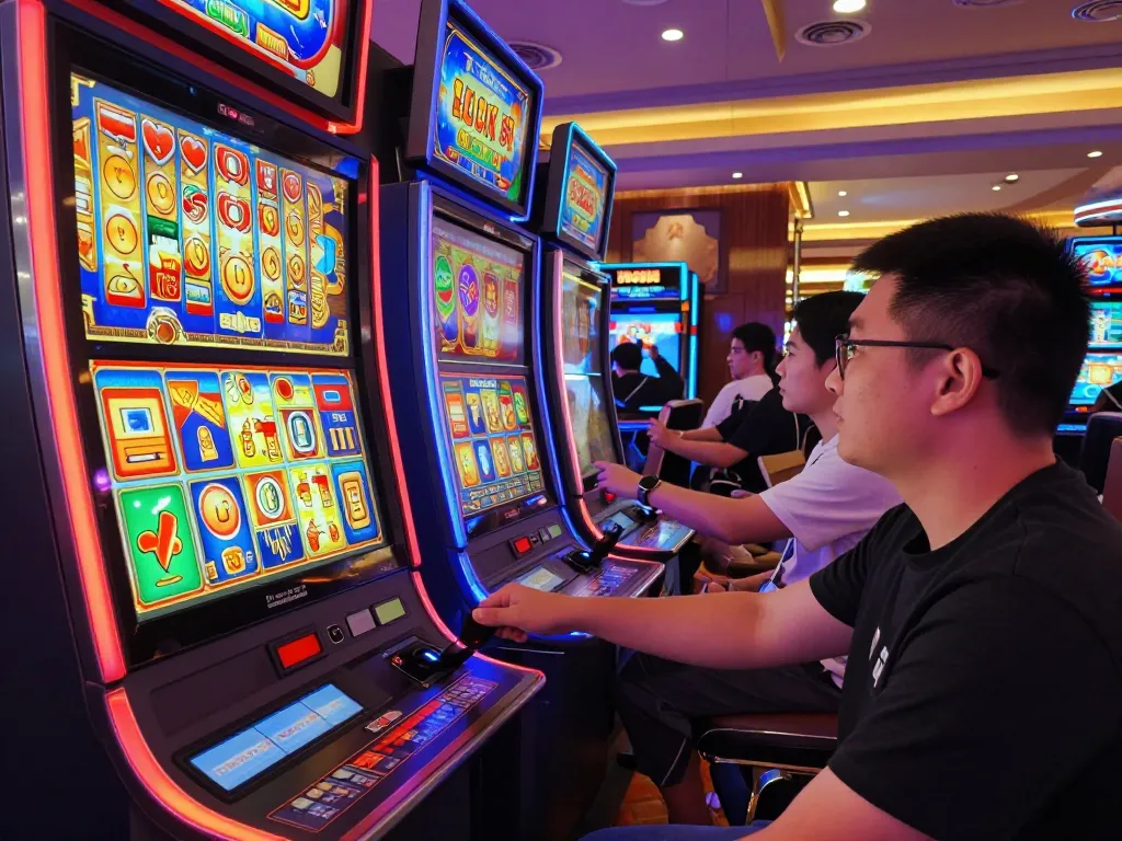 Excited player enjoying the Lucky88 slot machine on a vibrant casino floor, showcasing colorful game experience.