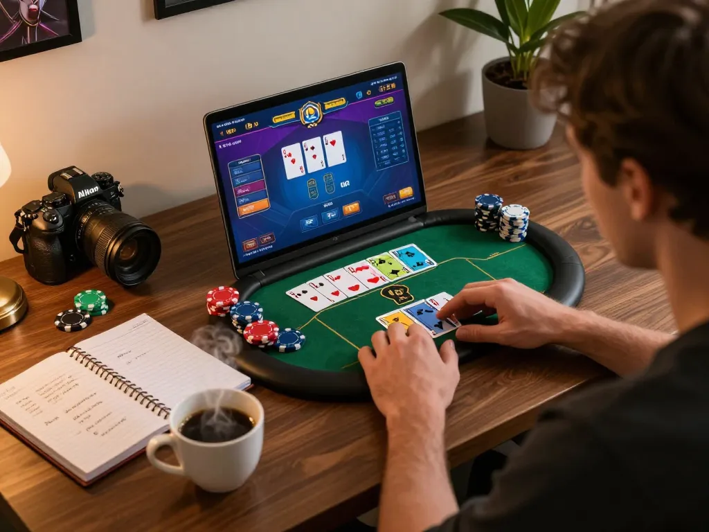 Engaging online poker gameplay experience at home using uk88in, showcasing strategic notes and cozy atmosphere.