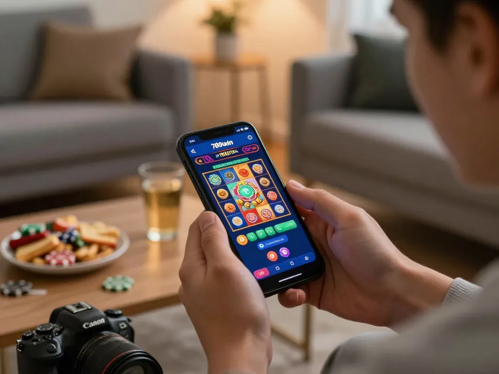 Engaging in the 789win game on a smartphone in a cozy home setting, highlighting mobile gaming excitement.