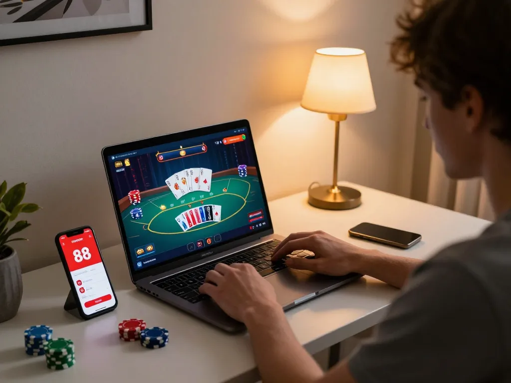 Player enjoying online poker at home with red88 casino app on laptop, showcasing an engaging gaming experience.