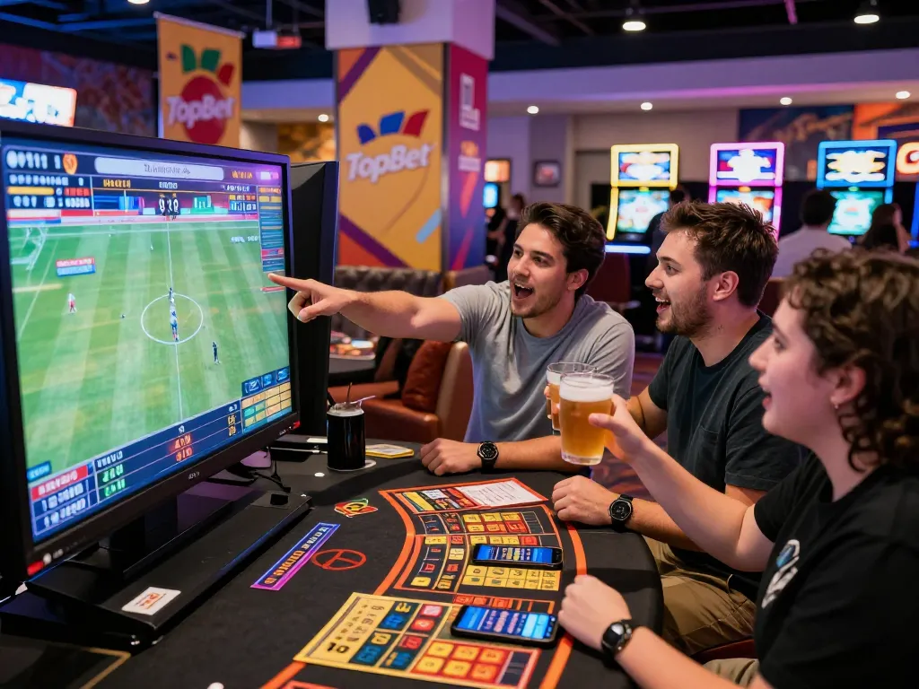 Exciting scene of friends engaging with Topbet in vibrant casino sportsbook.