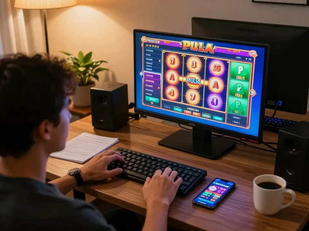 Person engaged in online slot pulsa gaming, focused on vibrant game interface while managing bankroll.