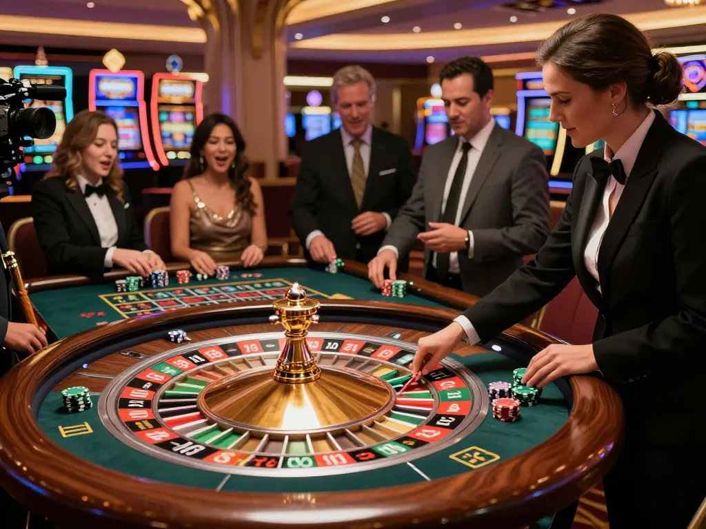 Players engaged in betting at Jun 88 roulette table in a luxurious casino atmosphere.