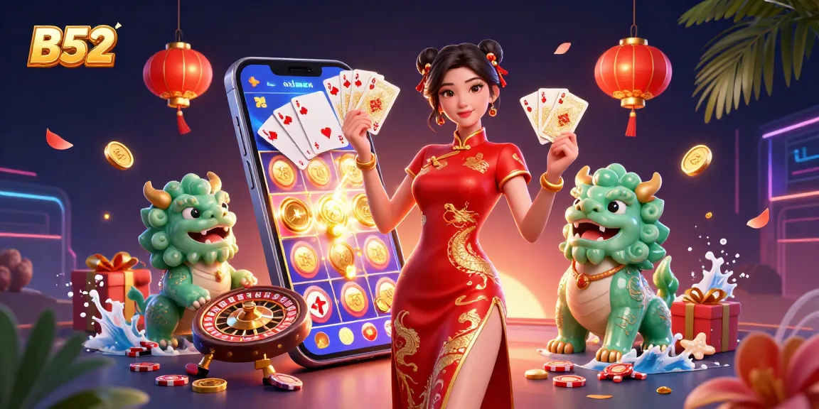 B52 offers thrilling experiences with an elegant woman showcasing gaming elements amidst vibrant casino imagery.