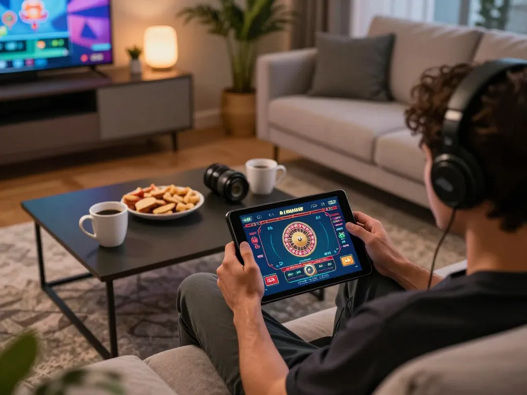 Engaging gameplay on 8K BET as a player enjoys roulette on a tablet from a cozy living room.