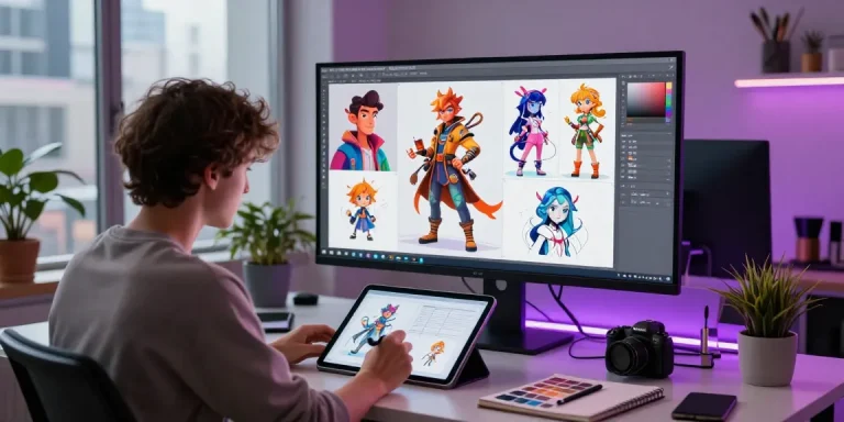 Creating character ai nsfw design in a vibrant digital art studio with an artist and prototypes.