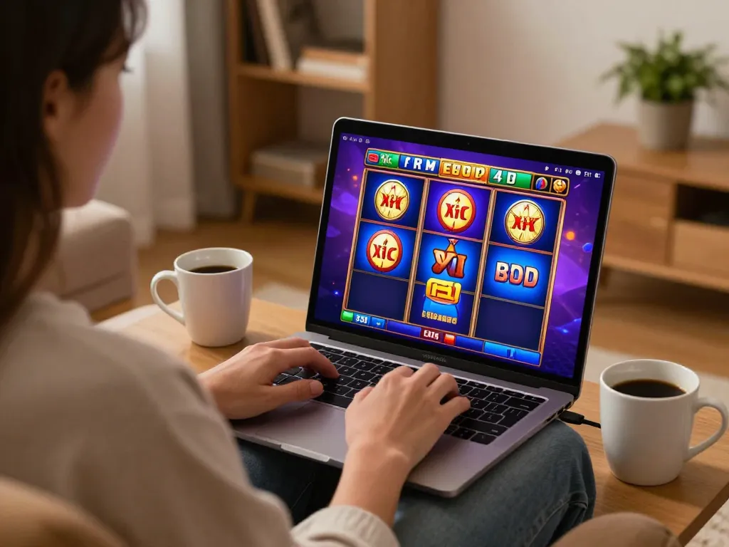 Engaging in online gaming at home with F8bet com on the laptop, showcasing lively slot interface.