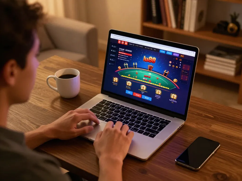Engaging with the lu88 online casino platform from a cozy home gaming setup.