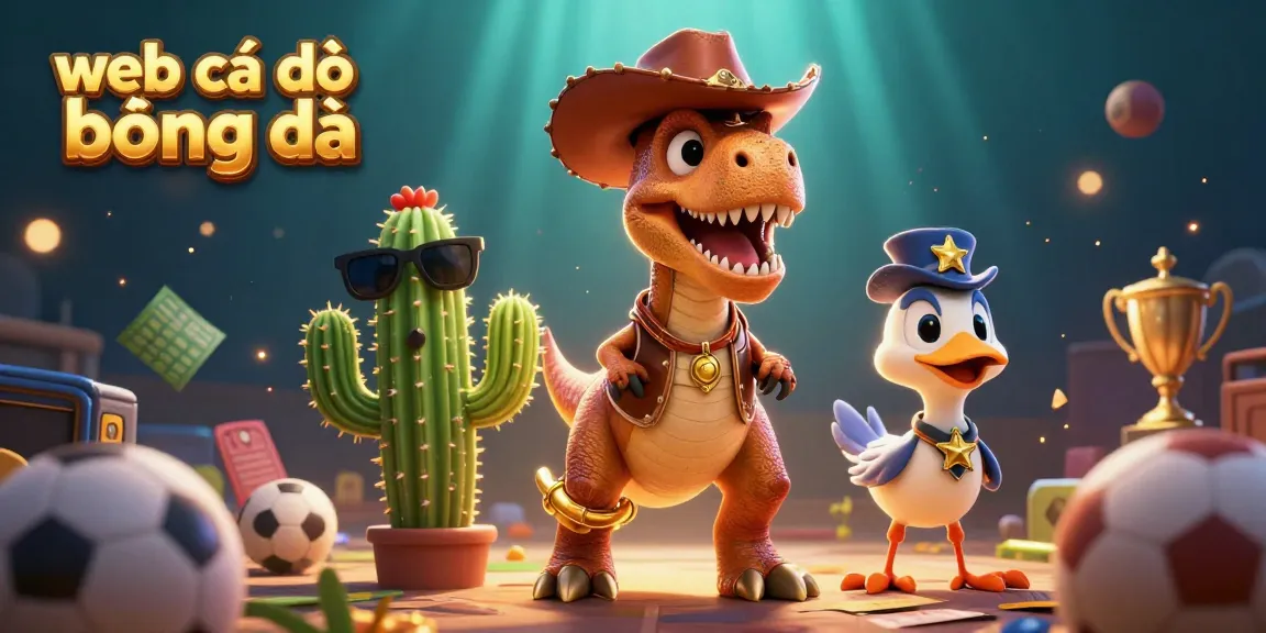 Engage in web cá độ bóng đá with our dynamic 3D illustration featuring a cowboy dinosaur and thrilling sports elements.