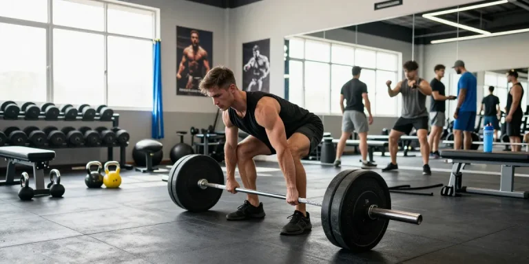 Bodybuilder demonstrating strength with Prime Pharma Steroiden in a vibrant gym setting, surrounded by fitness equipment.