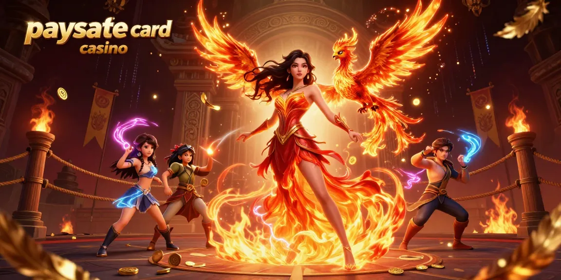 Engagieren Sie sich in einer lebhaften Paysafe Card Casino-Szene mit einem feurigen Charakter, umgeben von dynamischen Casino-Elementen.