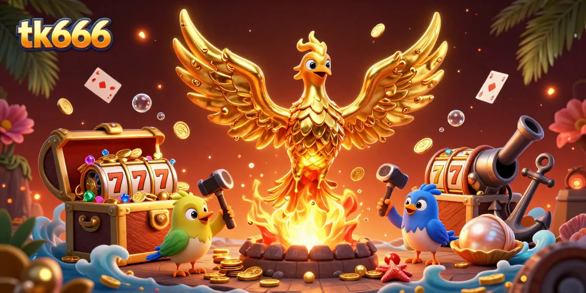 Engage in thrilling action with tk666, featuring golden phoenix and vibrant casino elements.