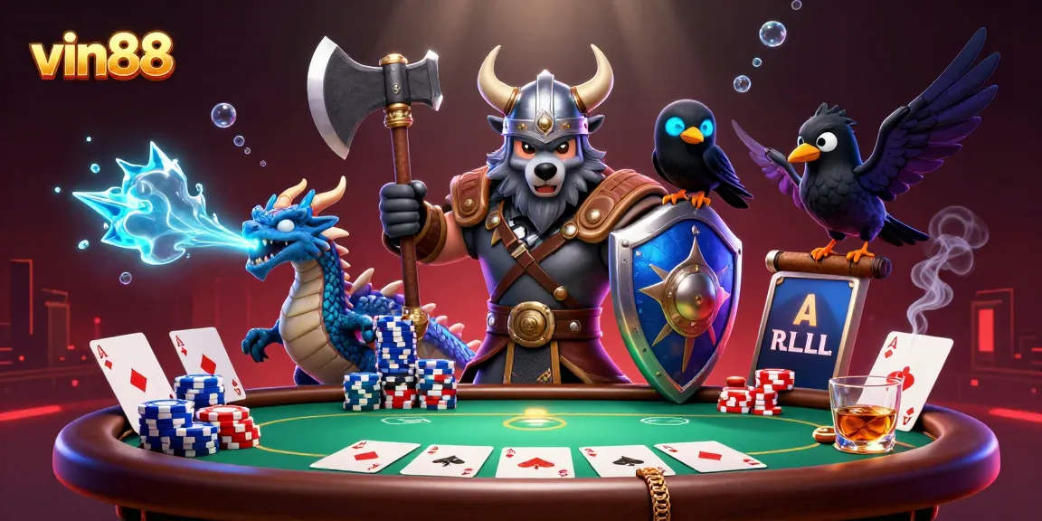 Experience thrilling poker action with vin88's dynamic gaming scene featuring Viking characters and exciting casino elements.