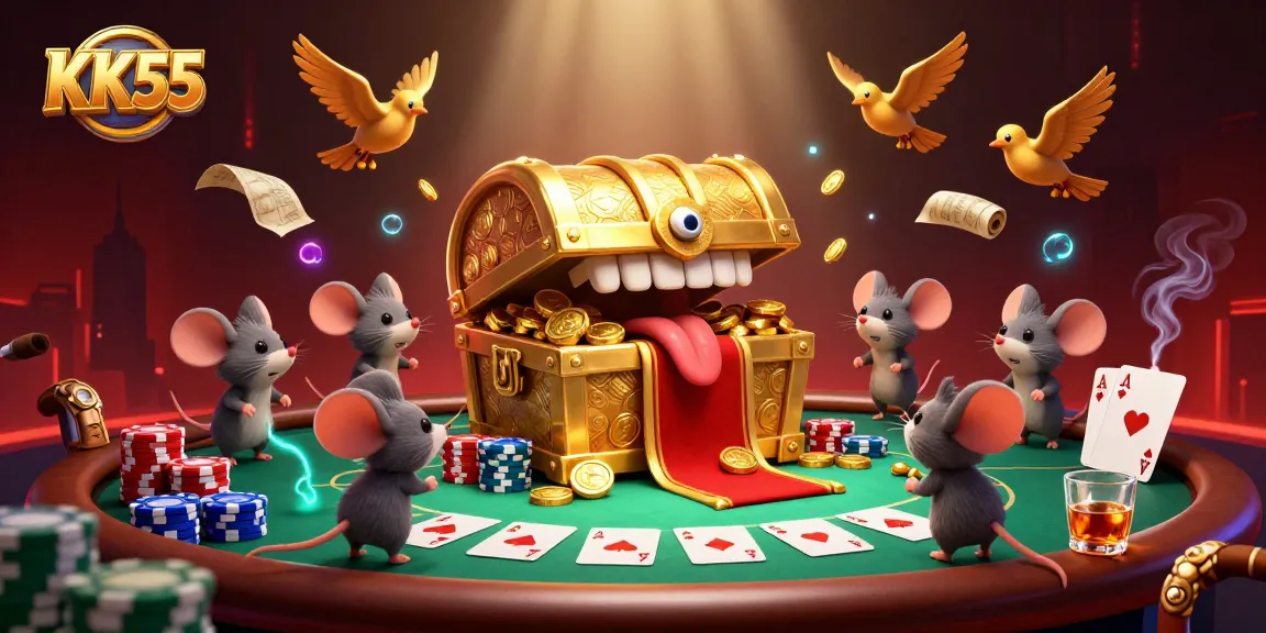 Engage in exciting gambling with KK55 at a vibrant, treasure-filled casino scene.
