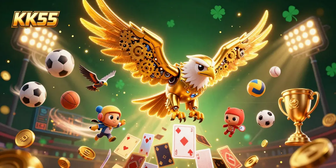 Experience dynamic betting action with KK55 as a golden eagle dives through a flurry of holographic cards.