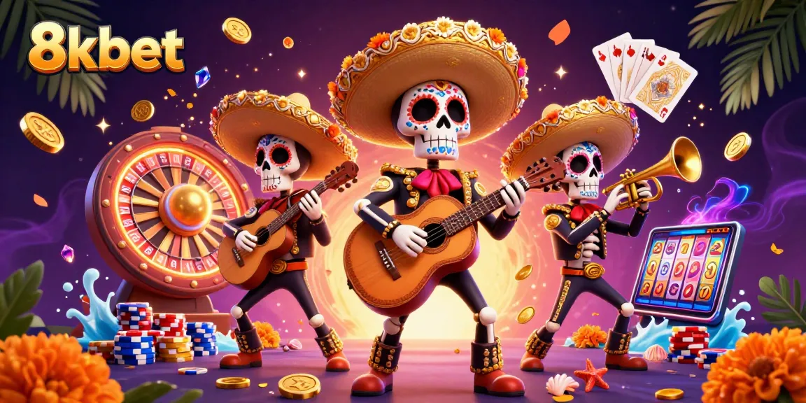 Engage with 8kbet's vibrant 3D casino scene featuring a mariachi band and thrilling game elements.