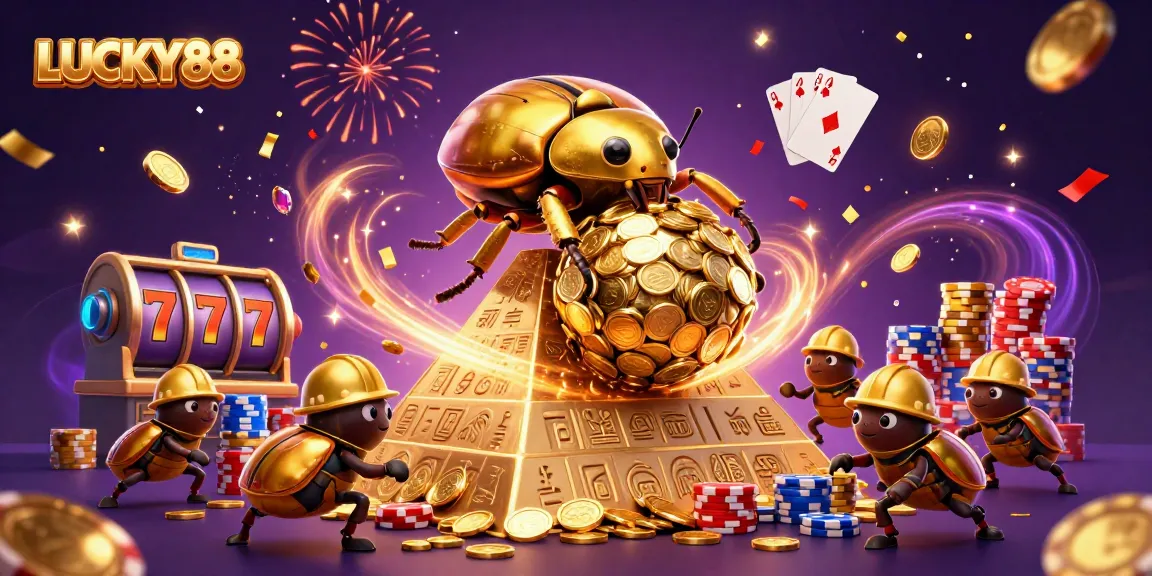 Engage with LUCKY88 slot excitement featuring golden beetles and dynamic casino elements.