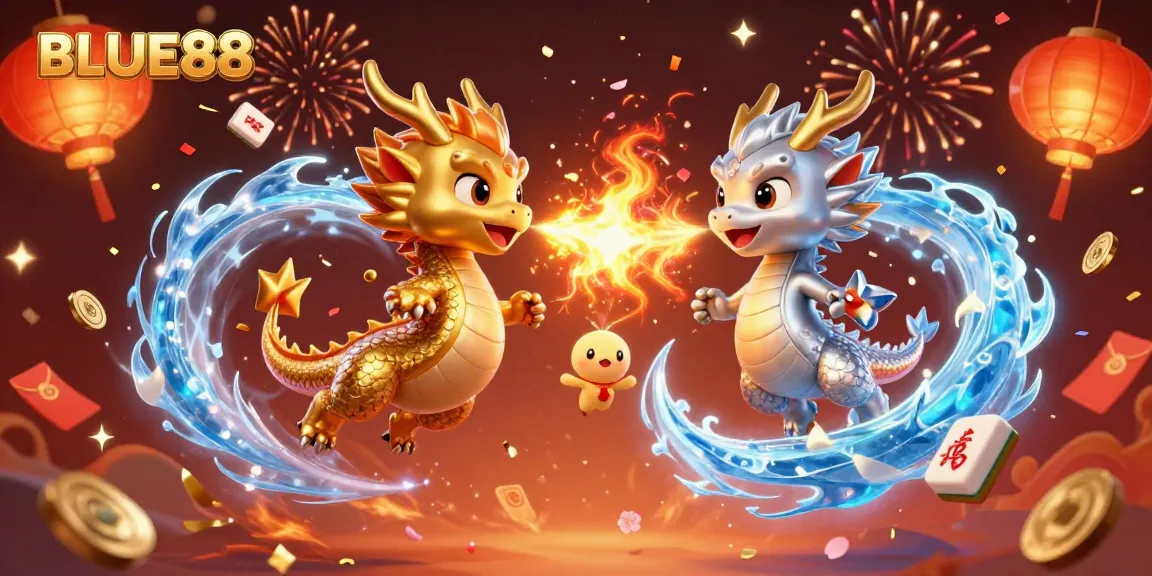 Experience winning at BLUE88 with dynamic dragons and festive elements in this vibrant 3D illustration.
