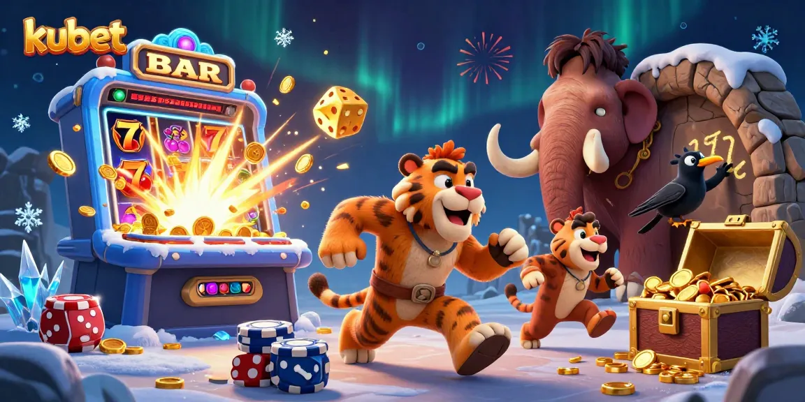 Experience exhilarating wins at kubet's dynamic prehistoric casino with vibrant illustrations of 3D characters and jackpots.
