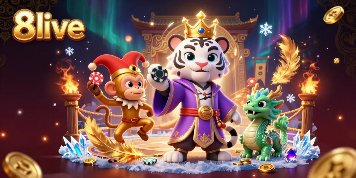 Engage with the vibrant 8live casino scene, featuring a royal tiger and monkey showcasing exciting gambling elements.