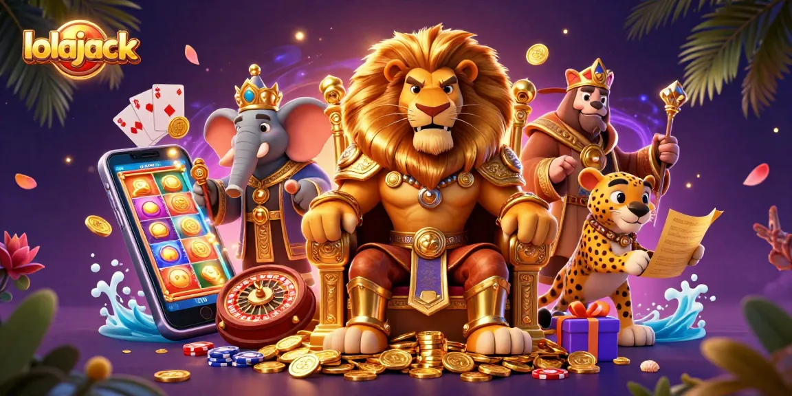 Experience winning at lolajack casino with a vibrant illustration of a lion king on gold coins surrounded by dynamic gaming elements.