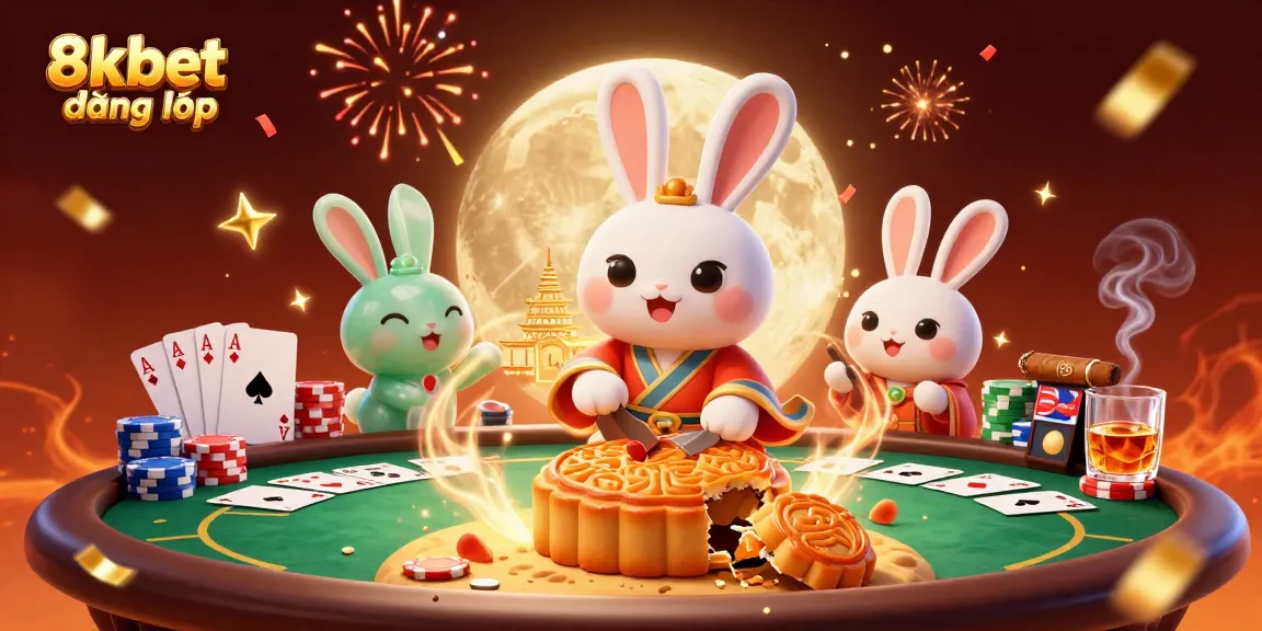 Engage with the thrill of 8xbet đăng nhập, where the moon rabbit reveals poker excitement amidst festive elements.